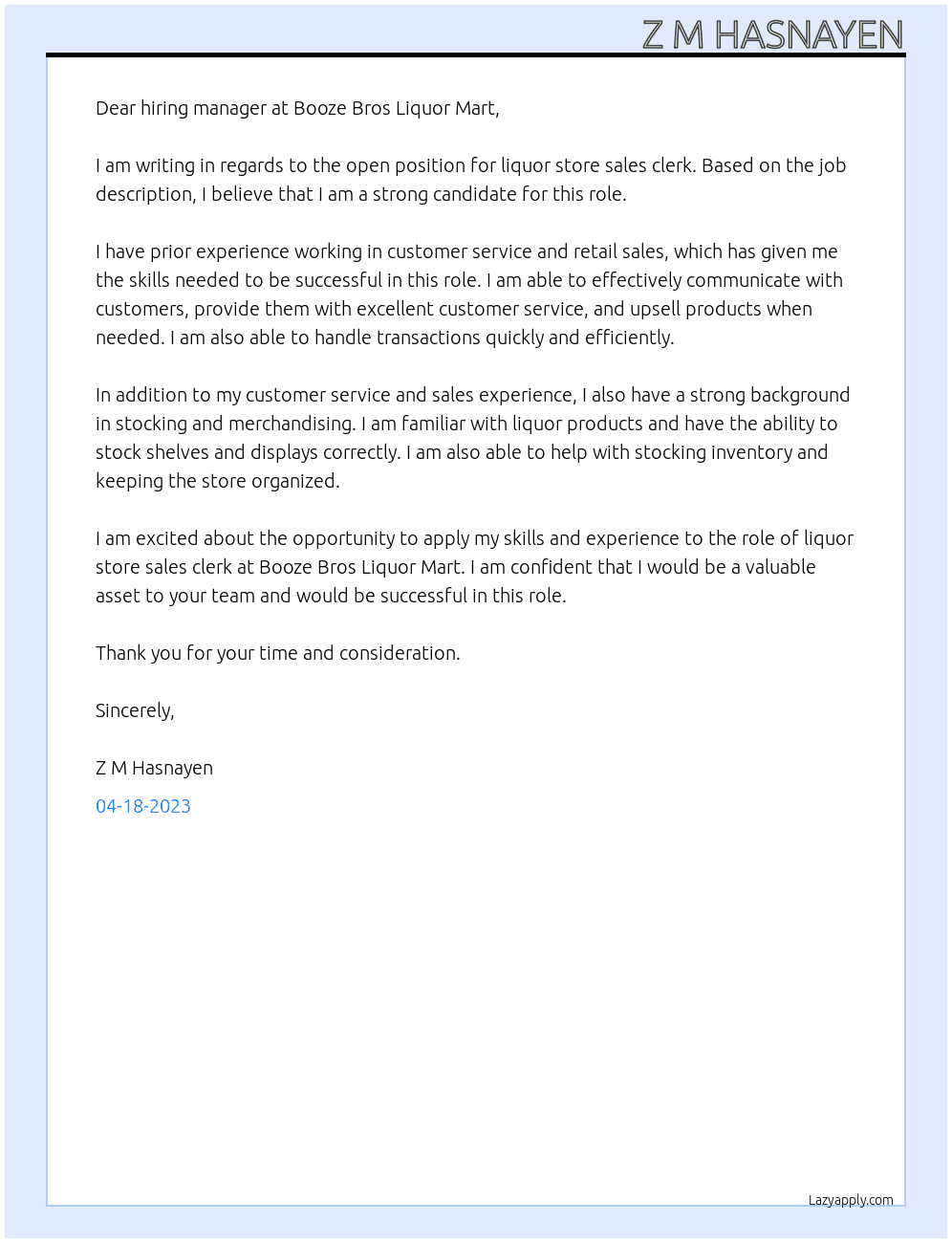 liquor store sales clerk At Booze Bros Liquor Mart Cover Letter