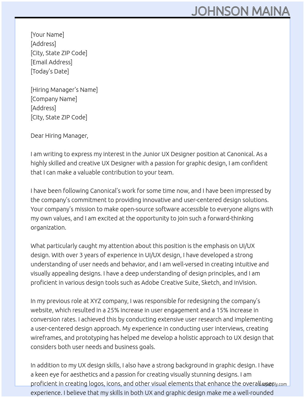 Junior UX Designer  At Canonical Cover Letter