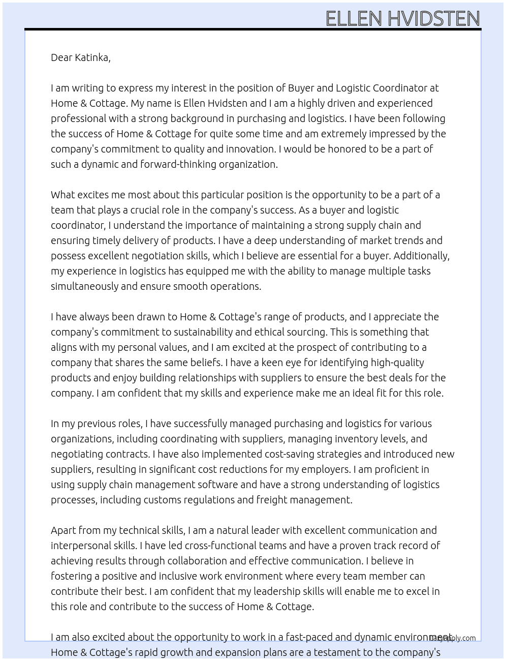 buyer and logistic coordinator At Home & cottage Cover Letter