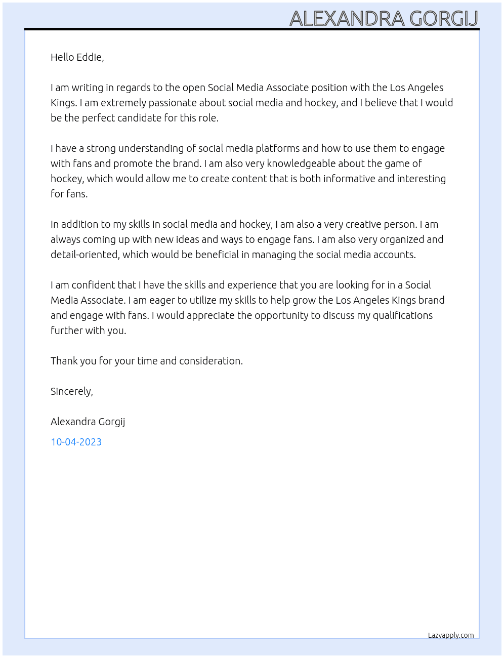 Social Media Associate At Los Angeles Kings Cover Letter