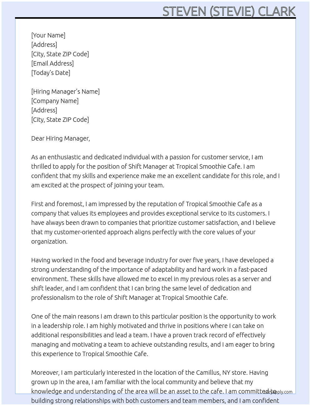 Shift Manager At Tropical Smoothie Cafe Cover Letter