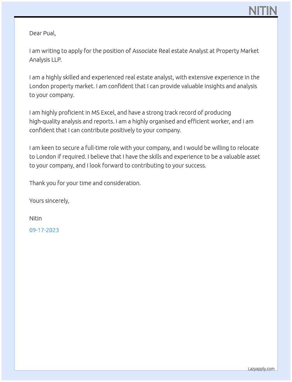 Associate Real estate Analyst  At Property Market Analysis LLP Cover Letter