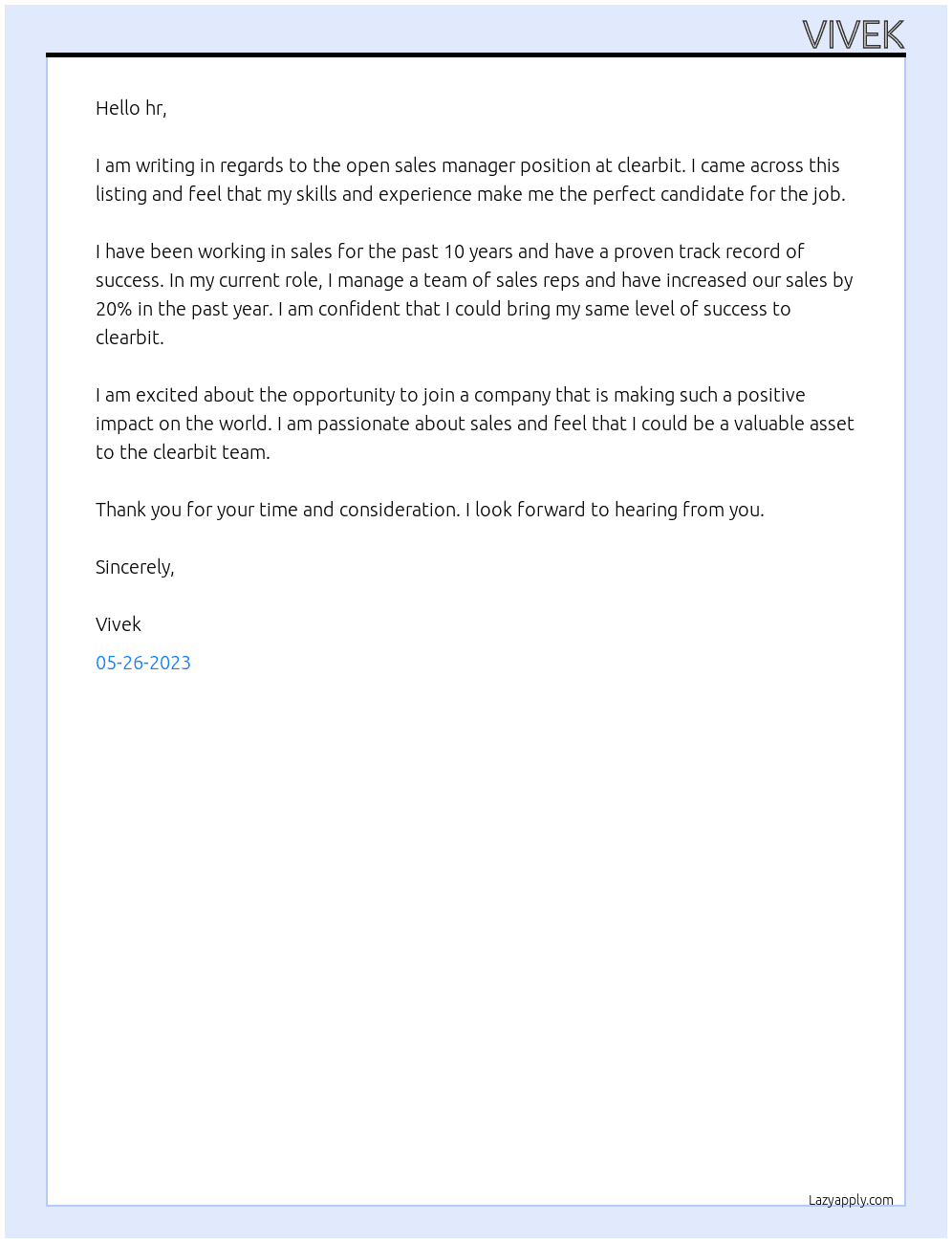 sales manager At clearbit Cover Letter
