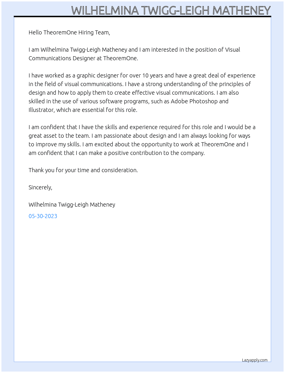 Visual Communications Designer At TheoremOne Cover Letter