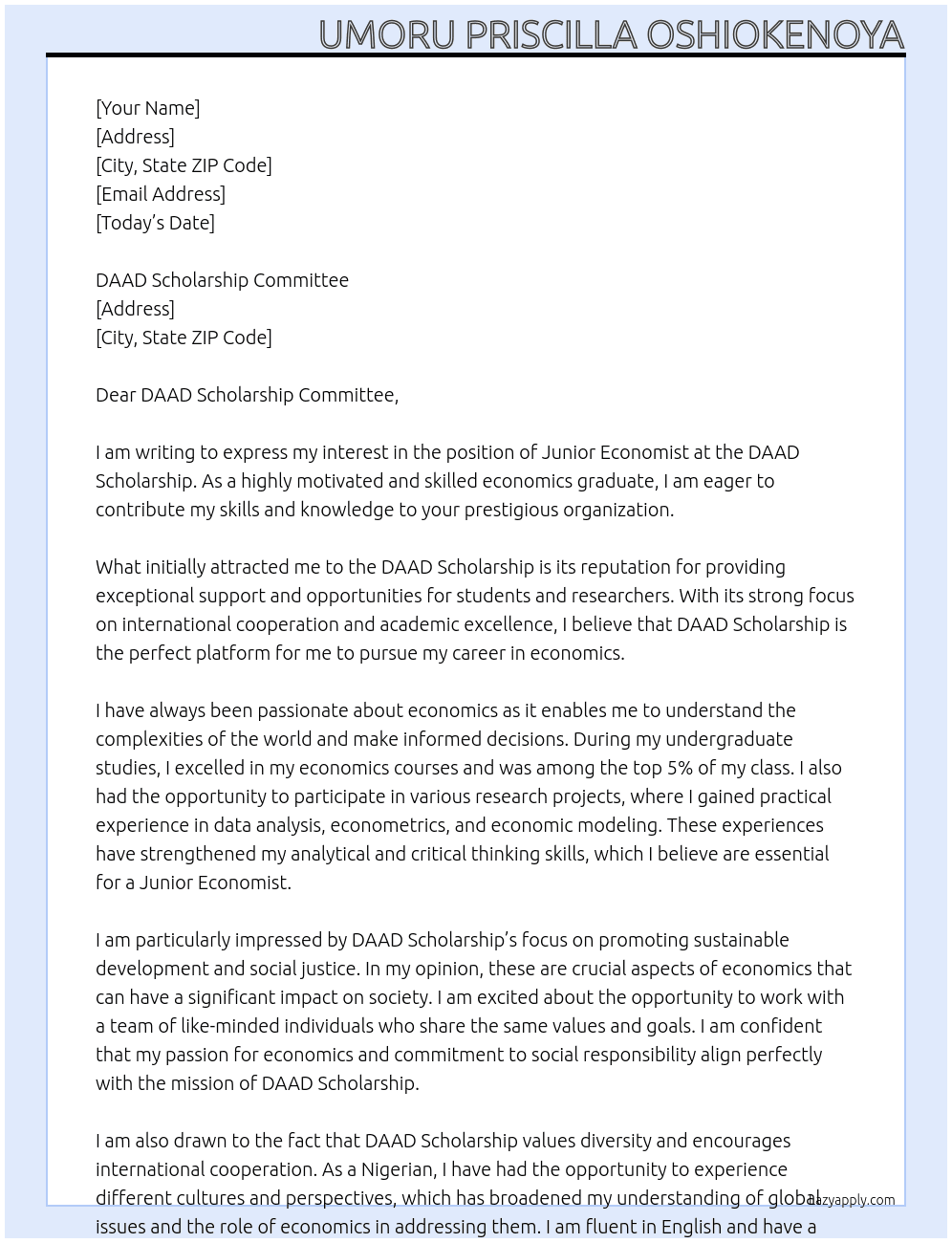 Junior Economist At DAAD Scholarship Cover Letter