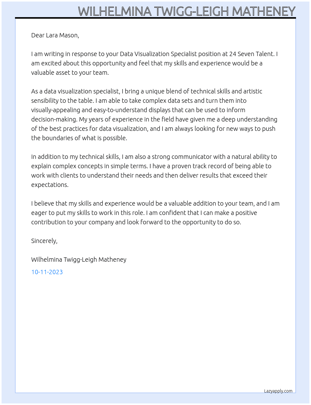 Data Visualization Specialist At 24 Seven Talent Cover Letter