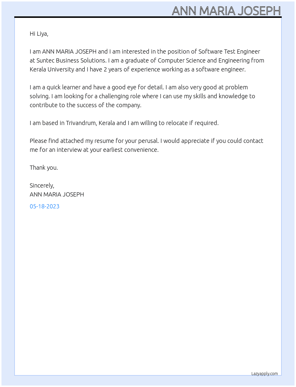 Software Test Engineer  At Suntec Business Solutions  Cover Letter