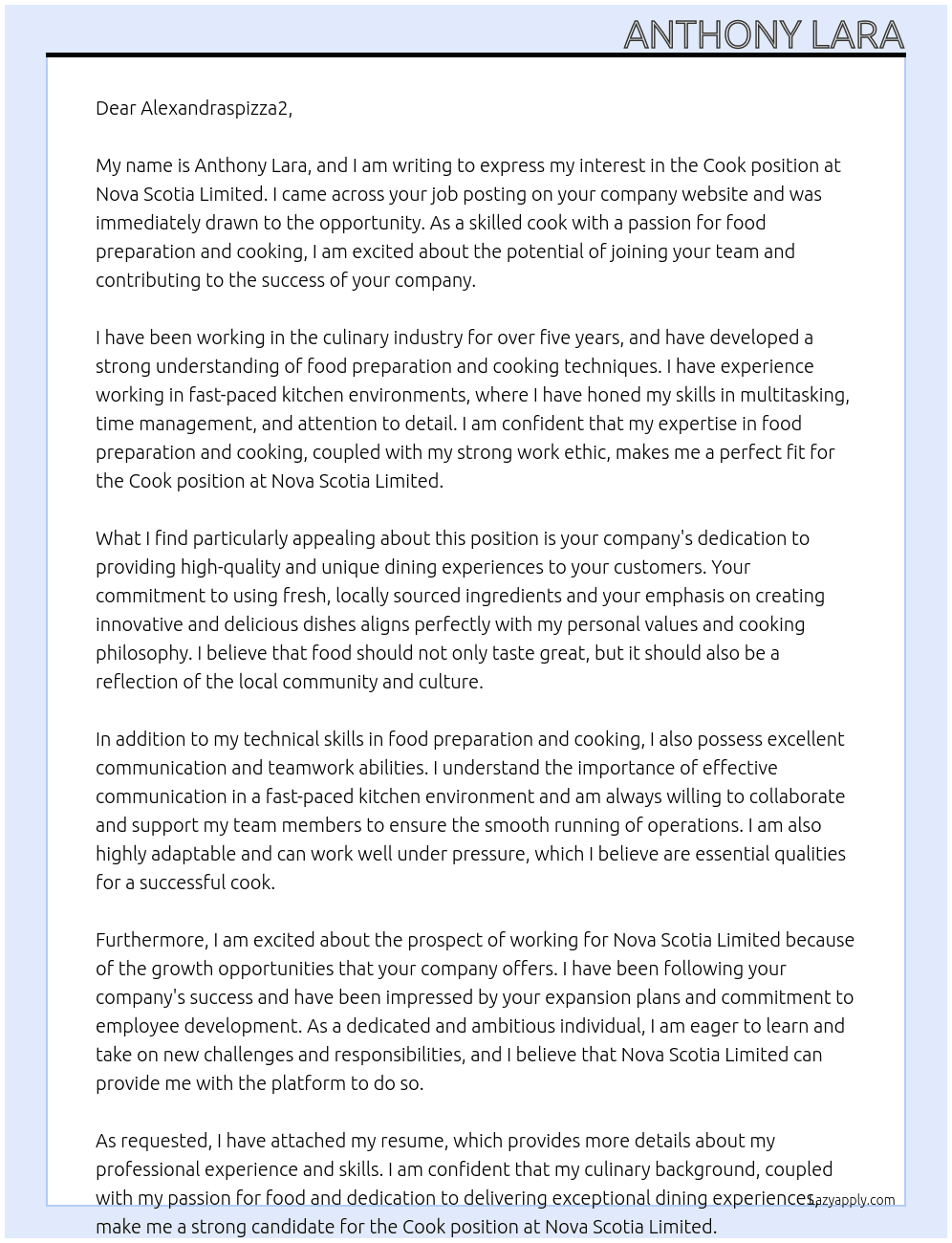 Cook At Nova Scotia Limited Cover Letter
