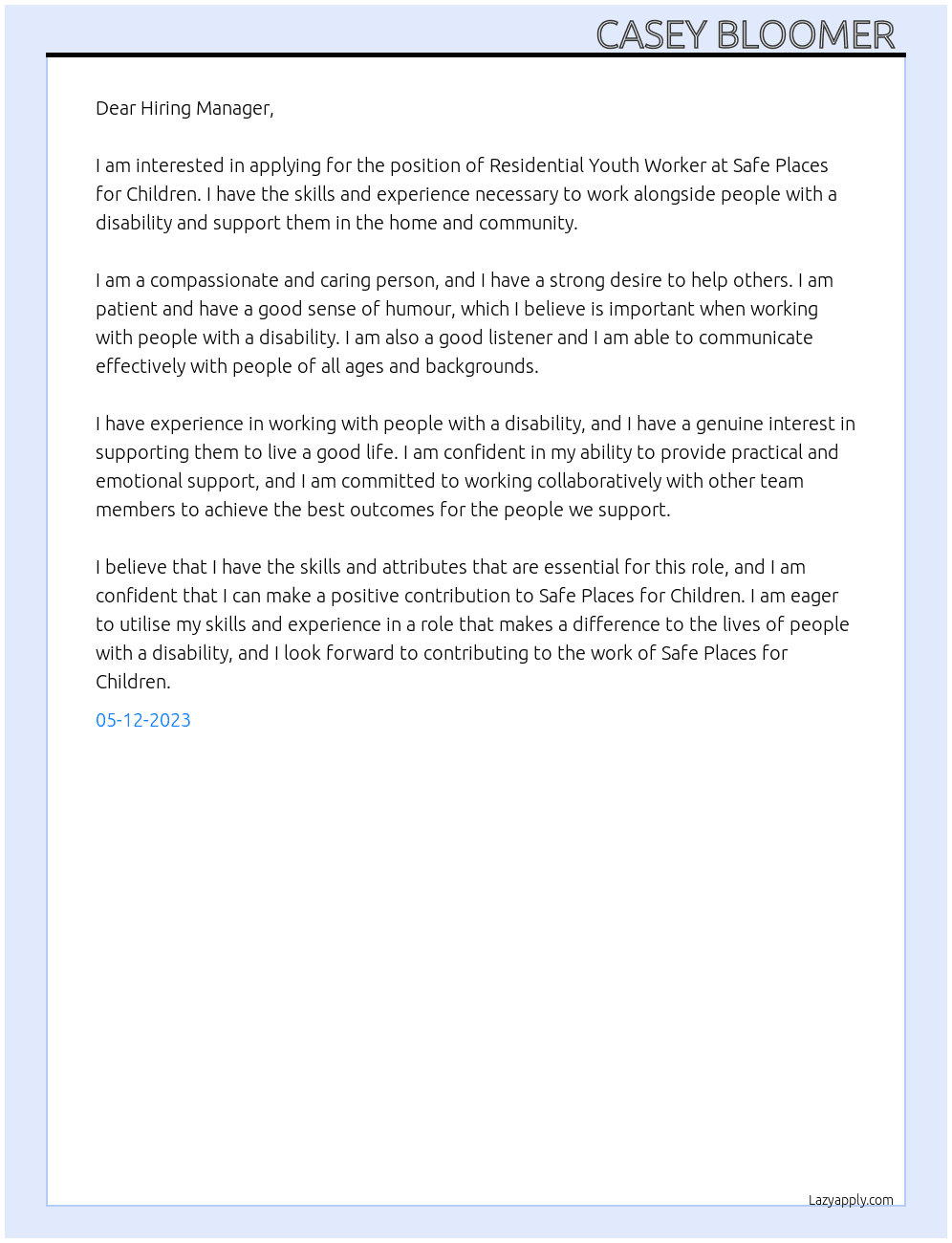 Residential Youth Worker At Safe Places for Children Cover Letter