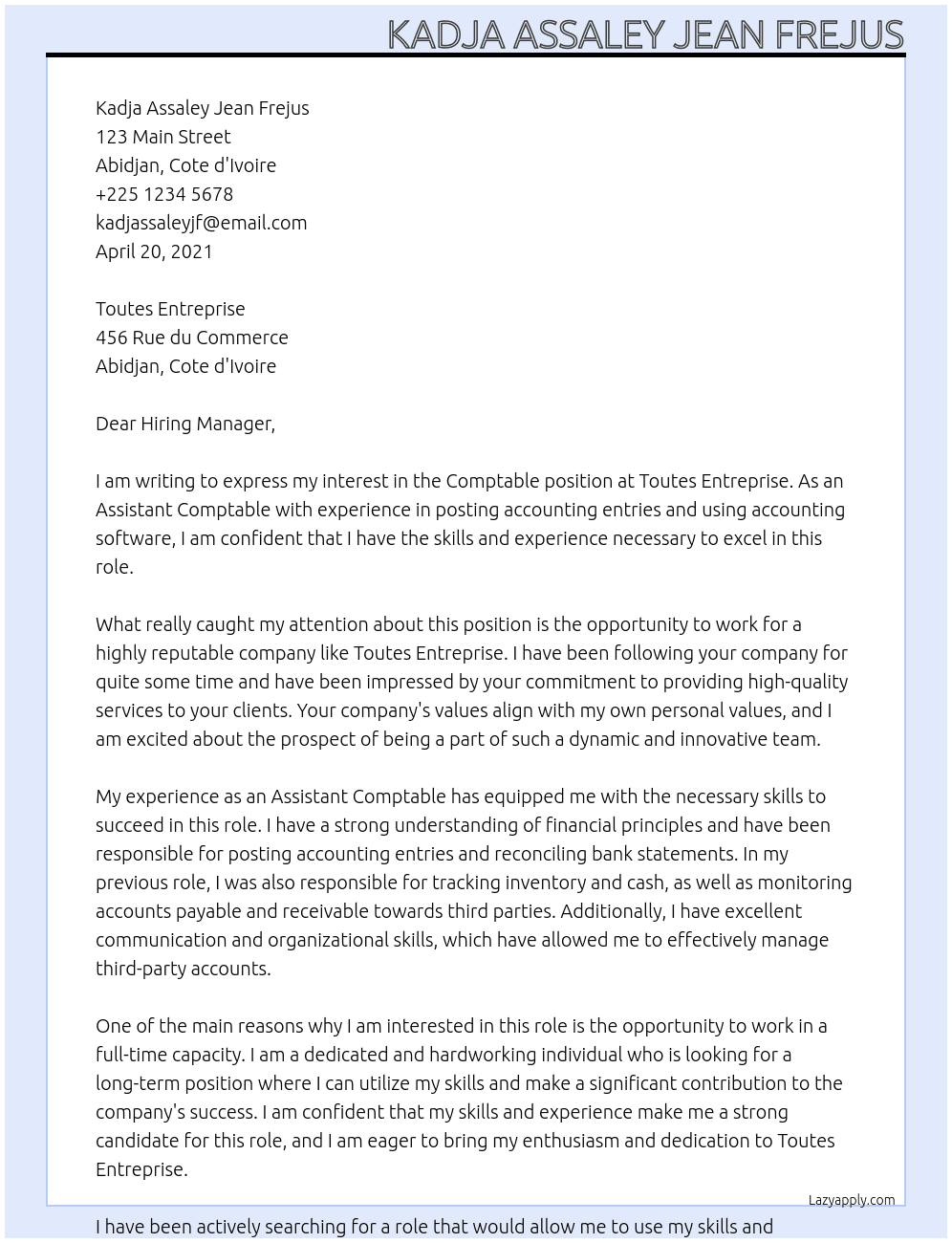 COMPTABLE  At toutes entreprise Cover Letter
