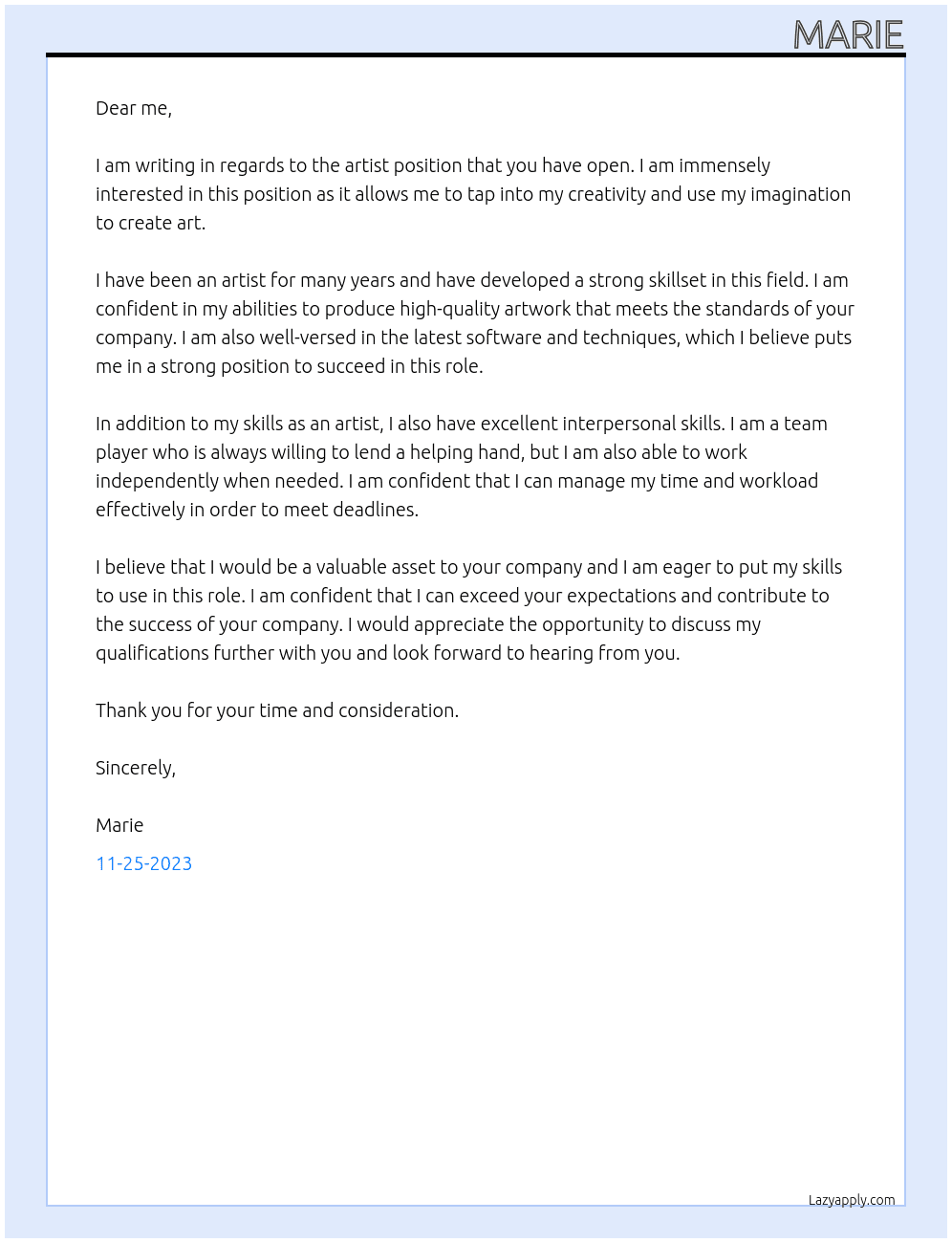 Artist At me Cover Letter
