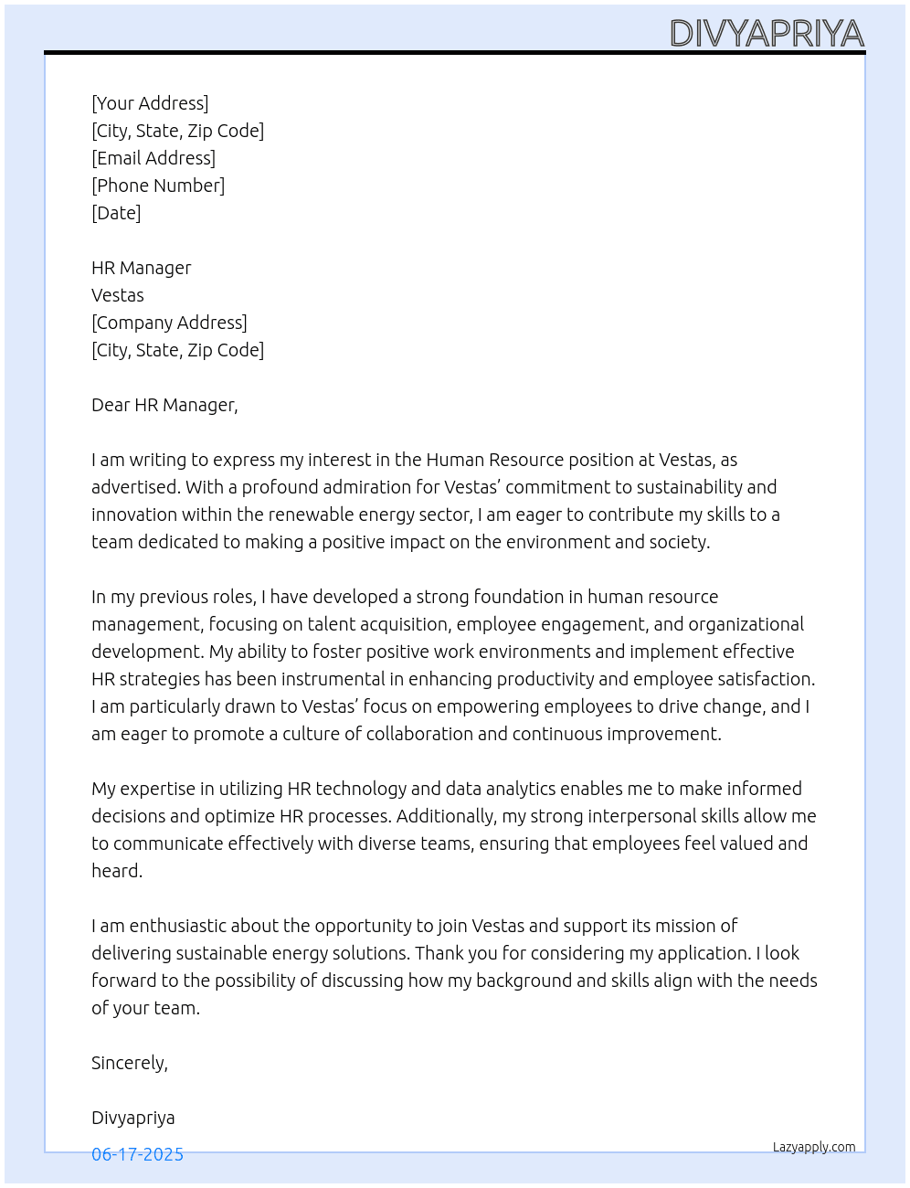 Human Resource At Vestas Cover Letter