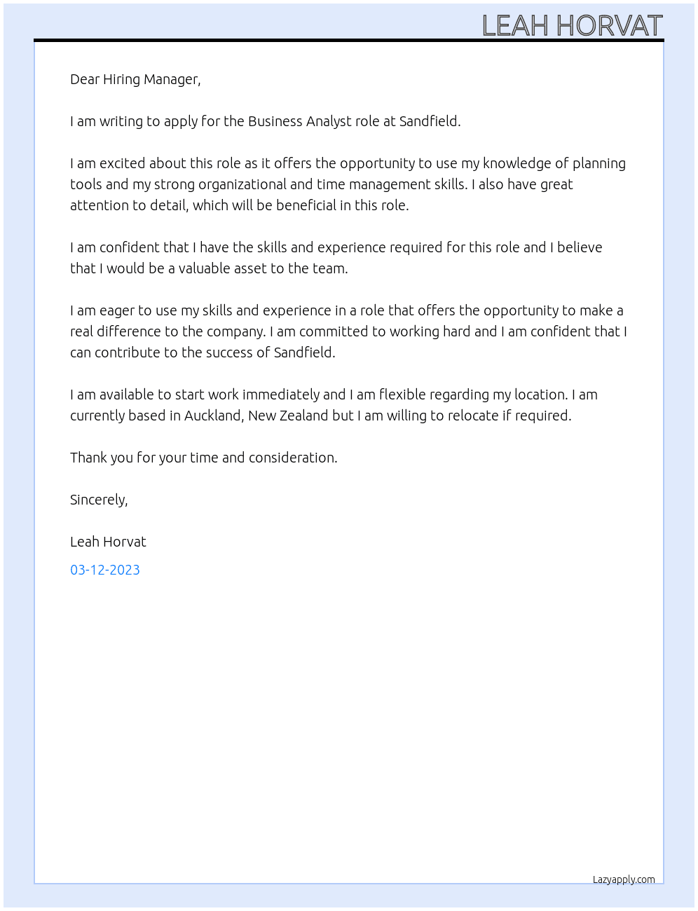 Business Analyst At Sandfield Cover Letter