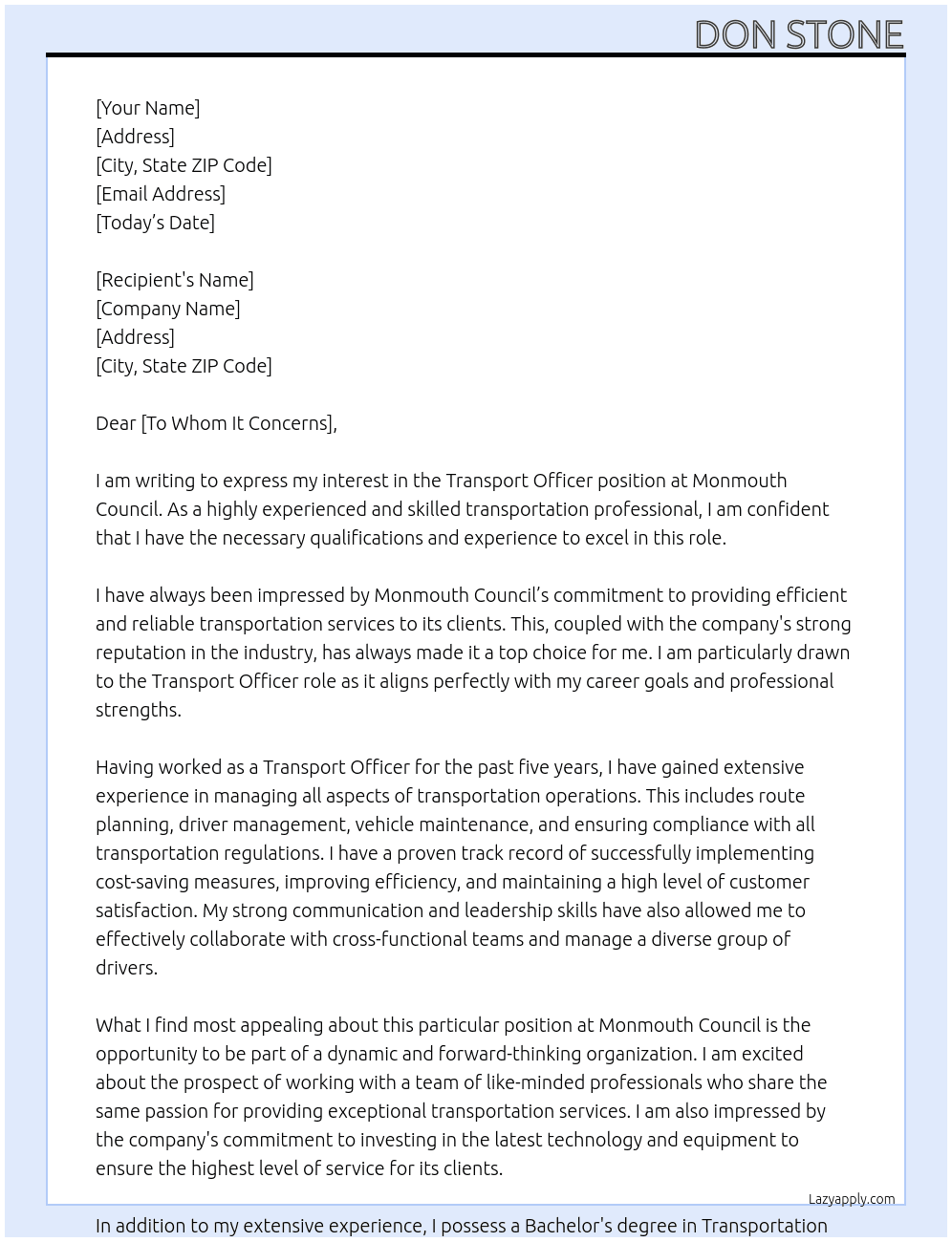 Transport Officer At Monmouth Council Cover Letter