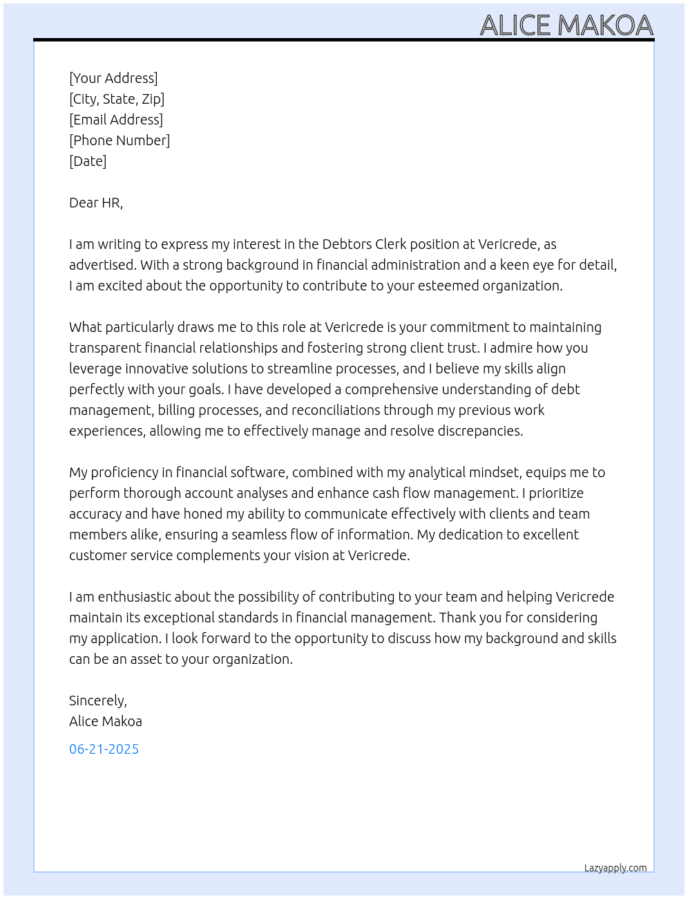 Debtors clerk At Vericrede Cover Letter