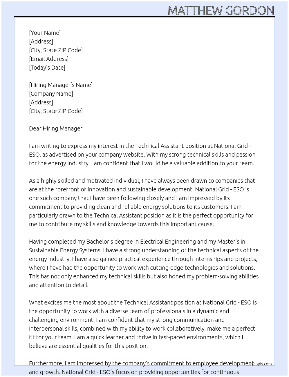 Technical Assistant At National Grid - ESO Cover Letter