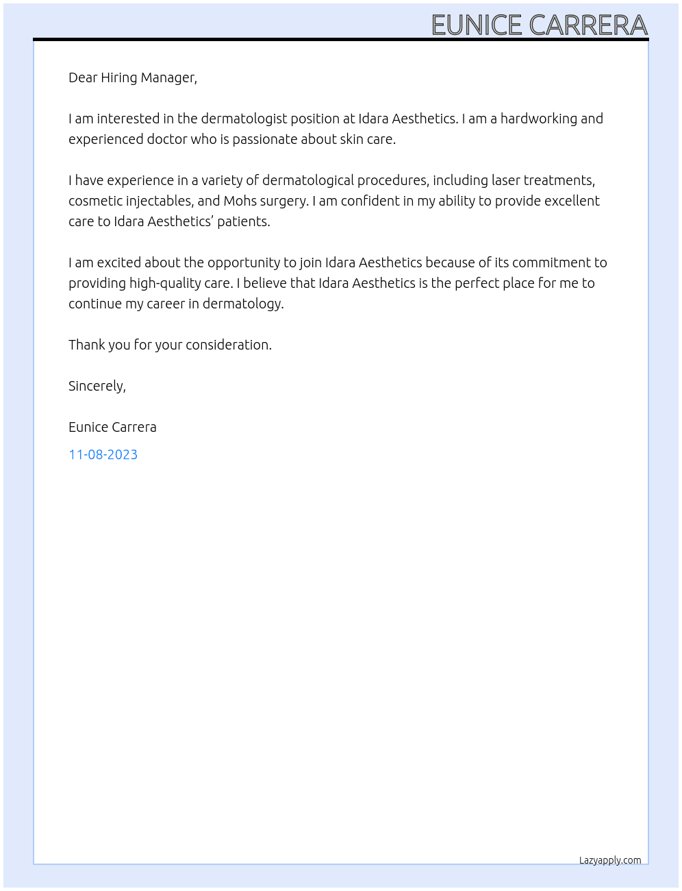 Dermatologist  At Idara Aesthetics  Cover Letter