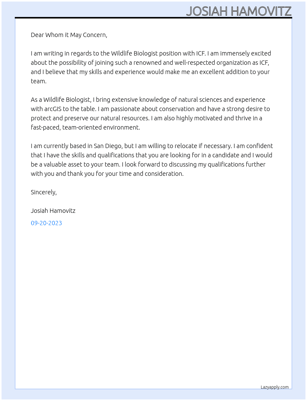 Wildlife Biologist At ICF Cover Letter