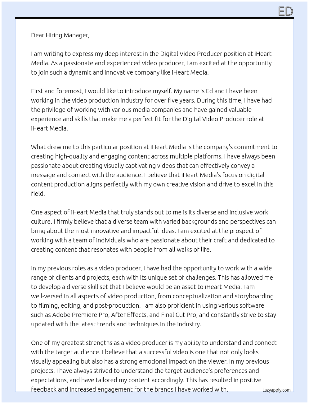 Digital Video Producer At iHeart Media Cover Letter
