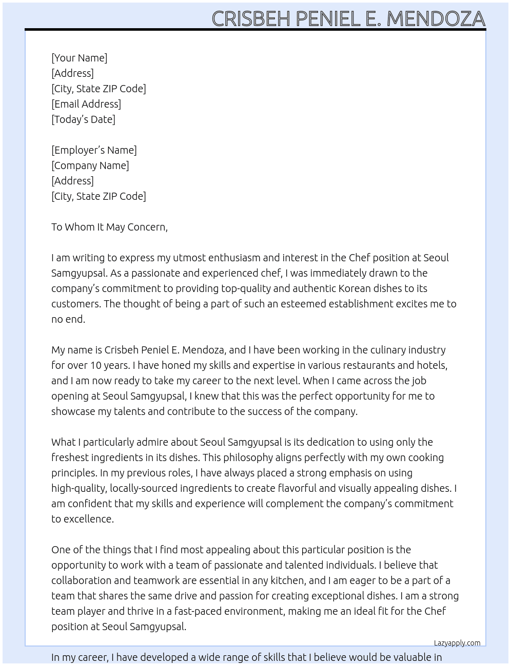 Chef At Seoul Samgyupsal Cover Letter