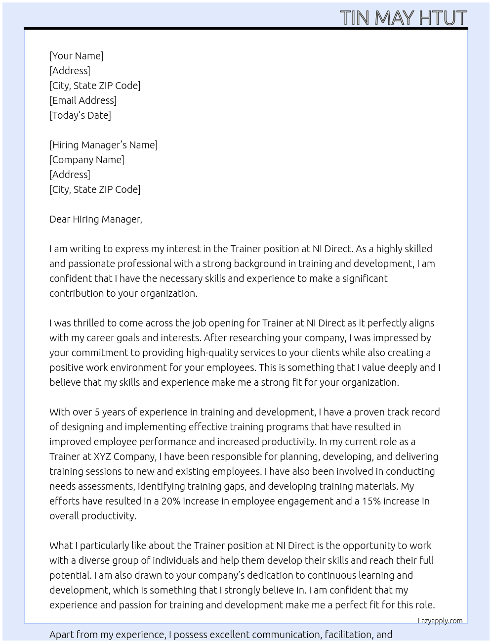 Trainer At NI Direct Cover Letter