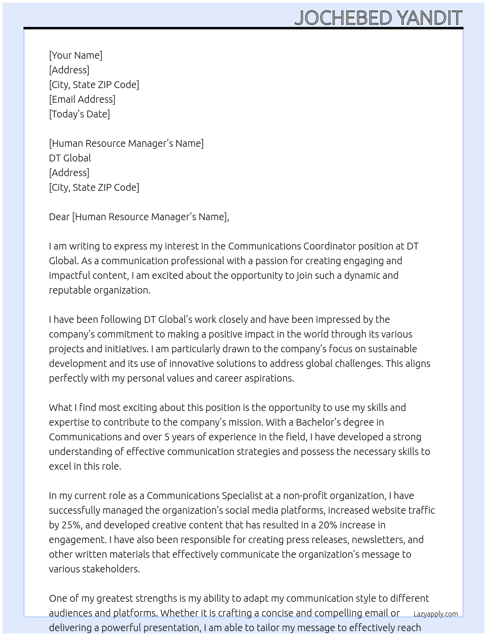 Communications Coordinator At DT Global Cover Letter