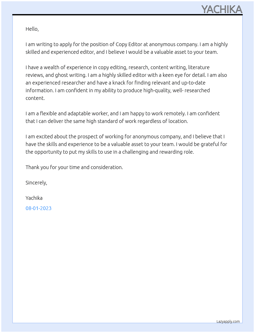 Copy Editing  At anonymous Cover Letter