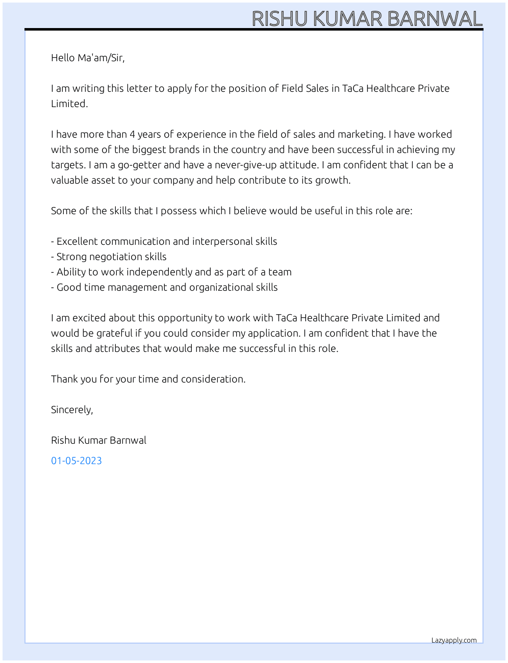Field sales At TaCa Healthcare Private Limited  Cover Letter