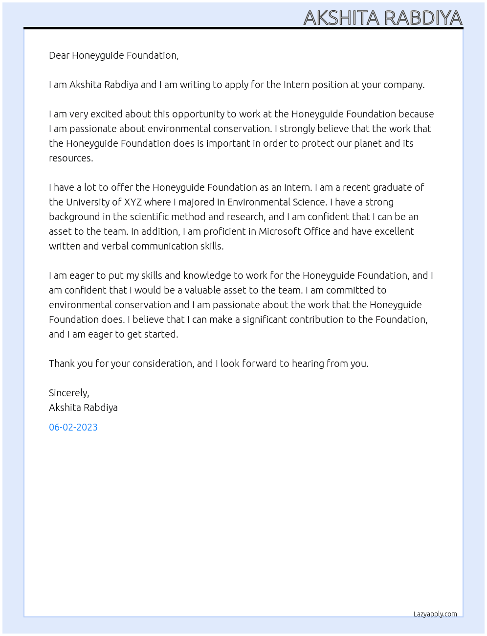 Intern At Honeyguide Foundation Cover Letter