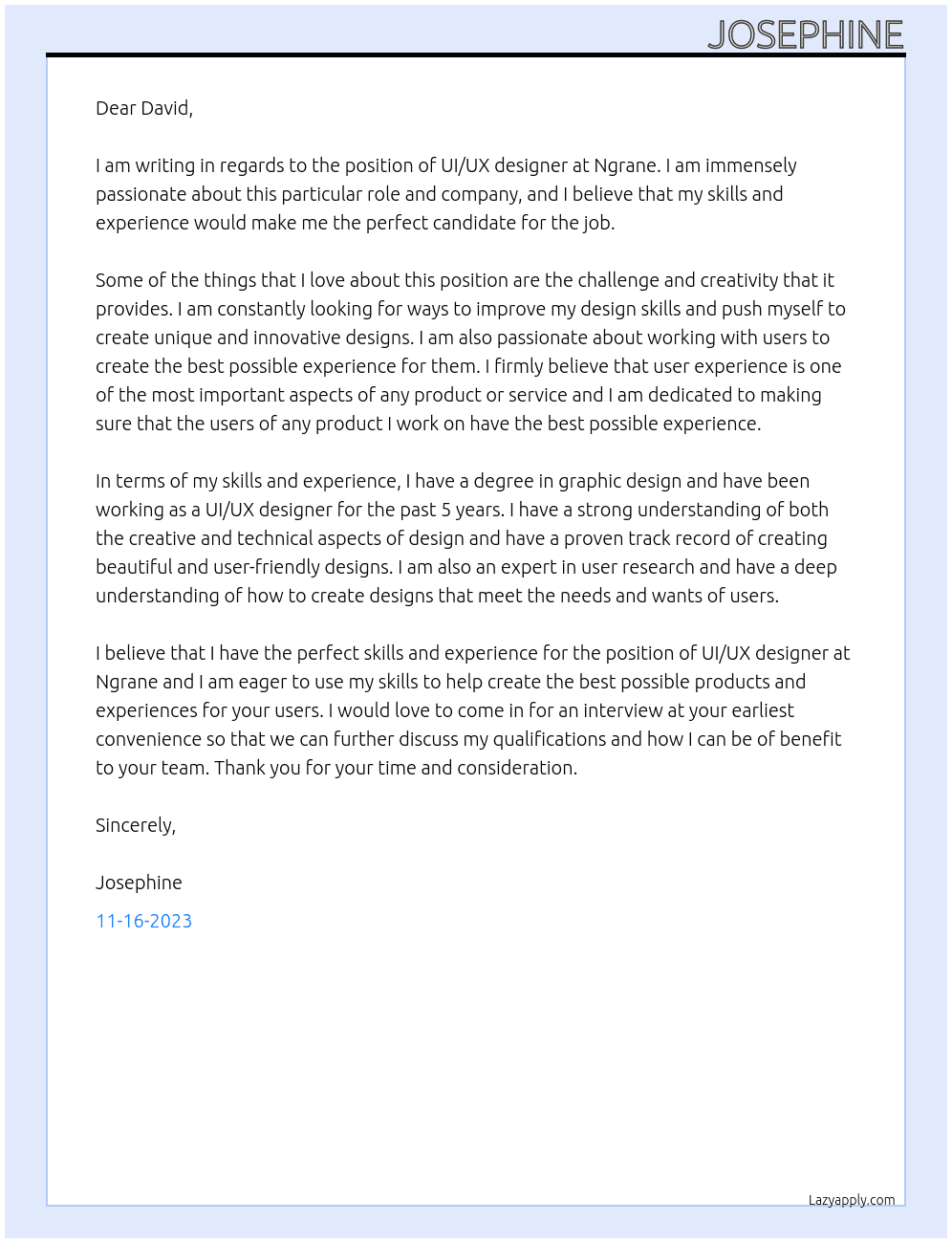 ui/ux desginer At ngrane Cover Letter
