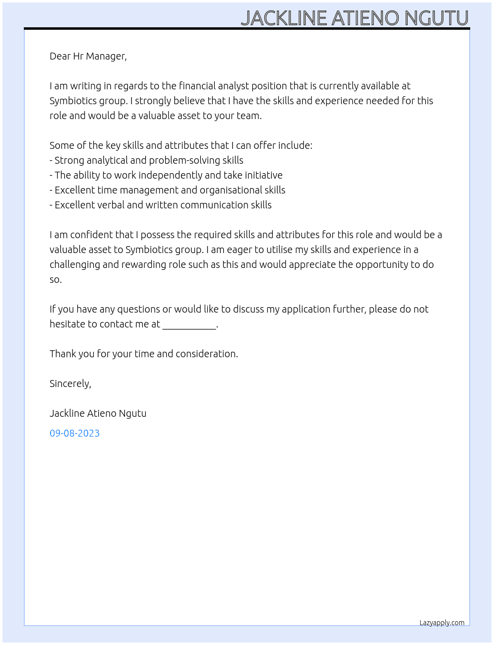 Financial analyst At Symbiotics group Cover Letter