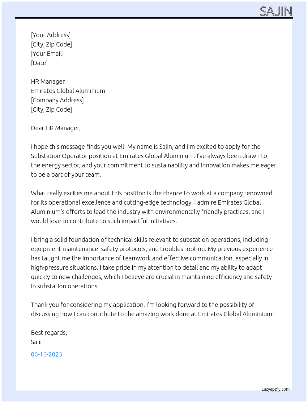 Cover letter for substation operator - LazyApply