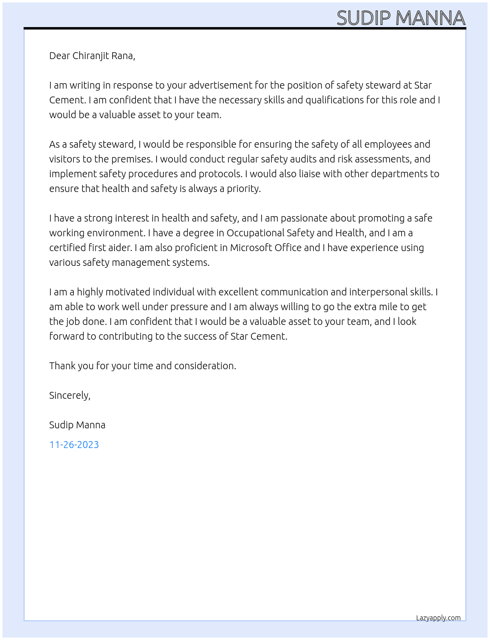 CV for safety steward At Star cement Cover Letter