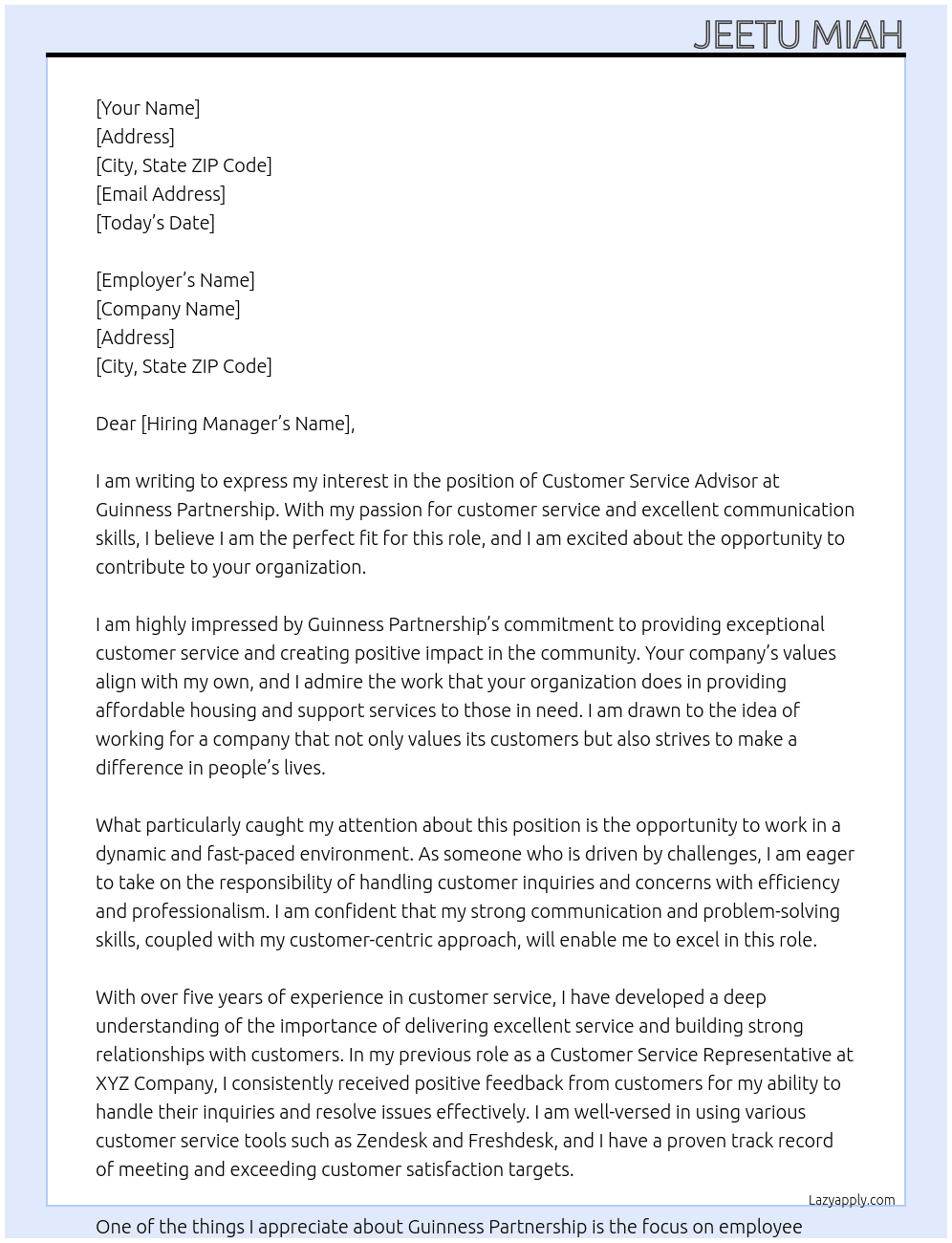 Customer service advisor  At Guinness partnership  Cover Letter