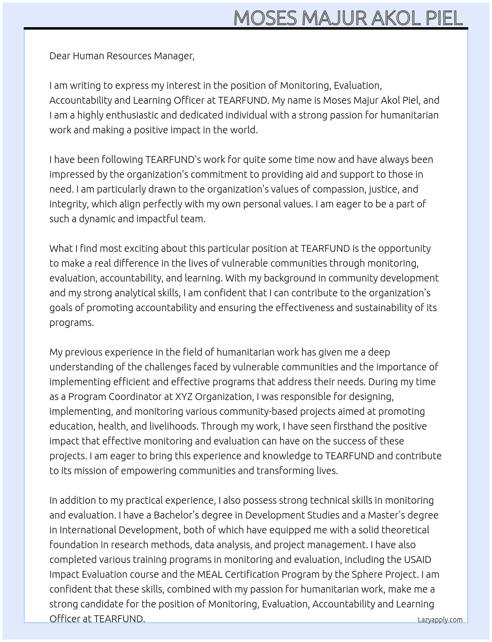 Monitoring, Evaluation, Accountability and Learning Officer At TEARFUND Cover Letter