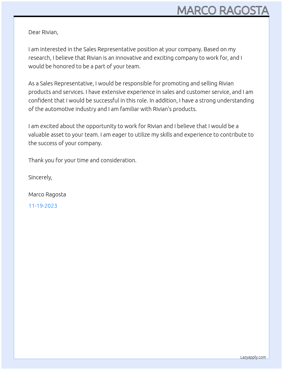 Sales Representative At Rivian Cover Letter
