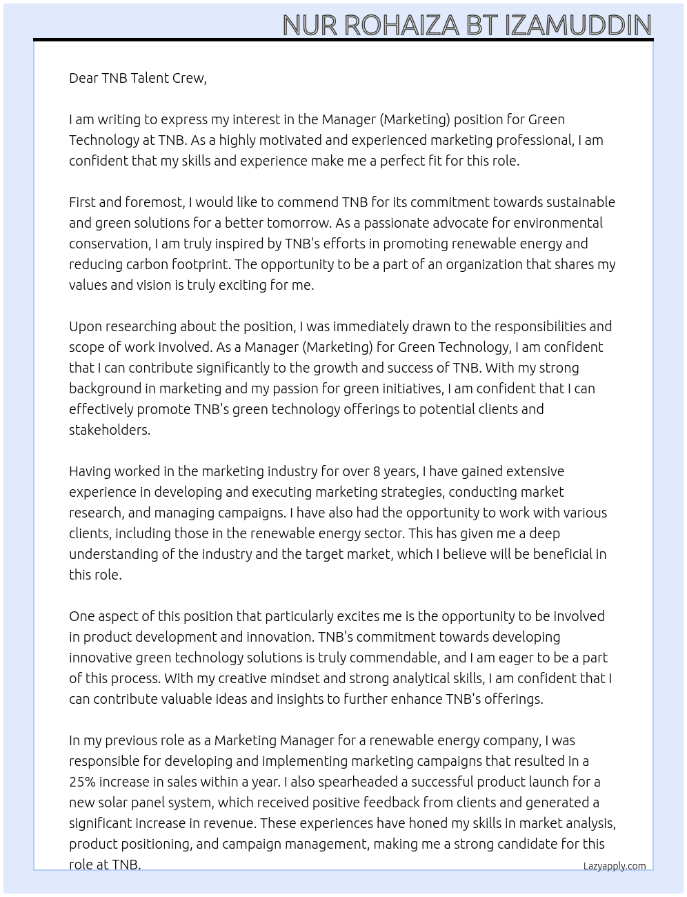 manager (markerting) green technology At TNB Cover Letter