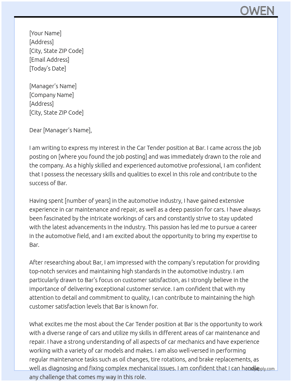Car tender  At Bar Cover Letter
