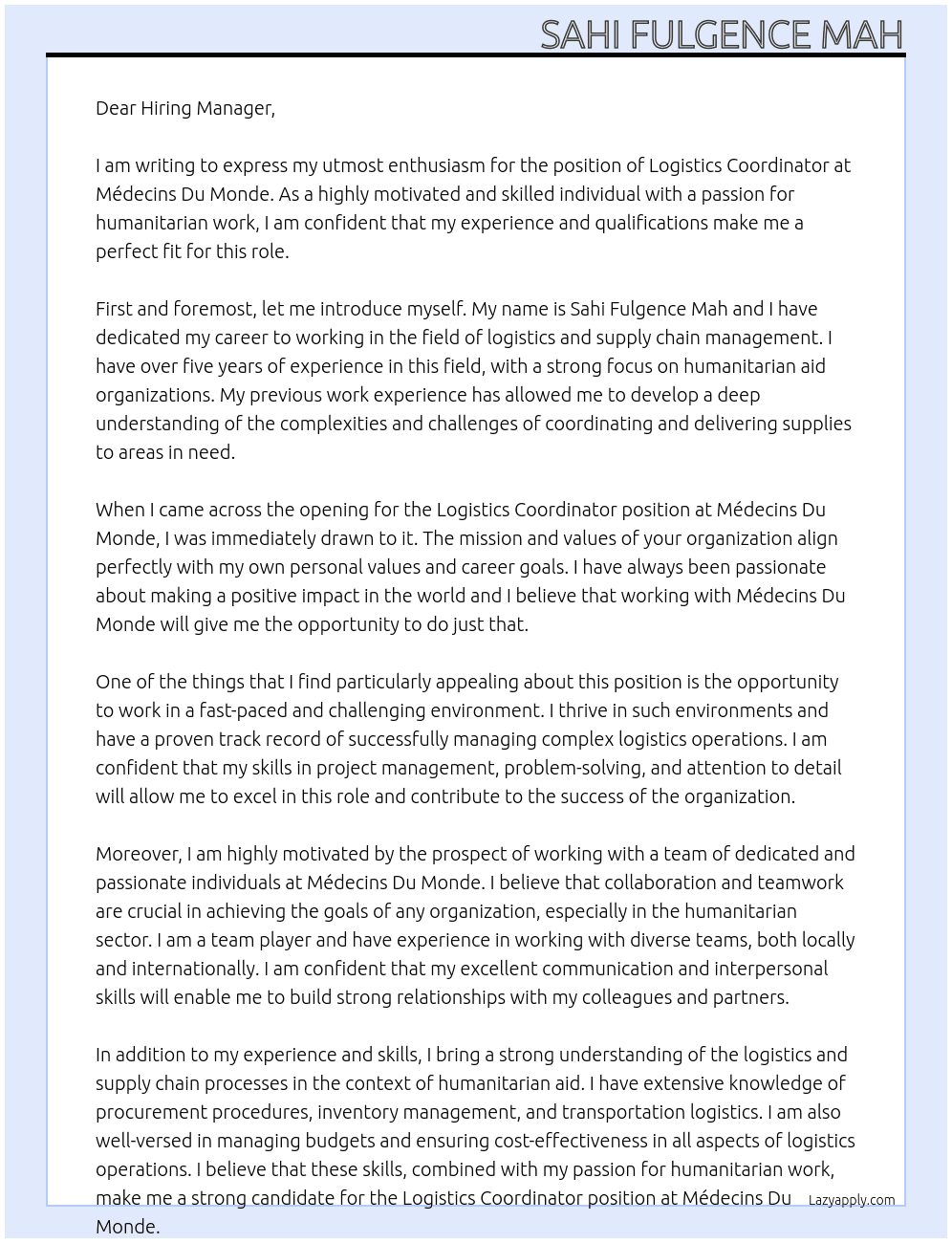 Logistics Coordinator At Médecins  Du Monde Cover Letter