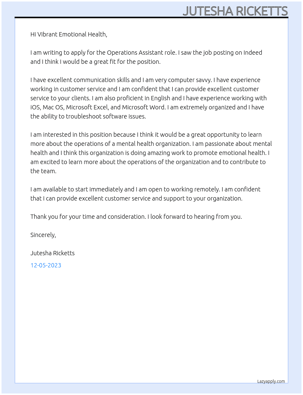 Operations Assistant At Vibrant Emotional Health Cover Letter