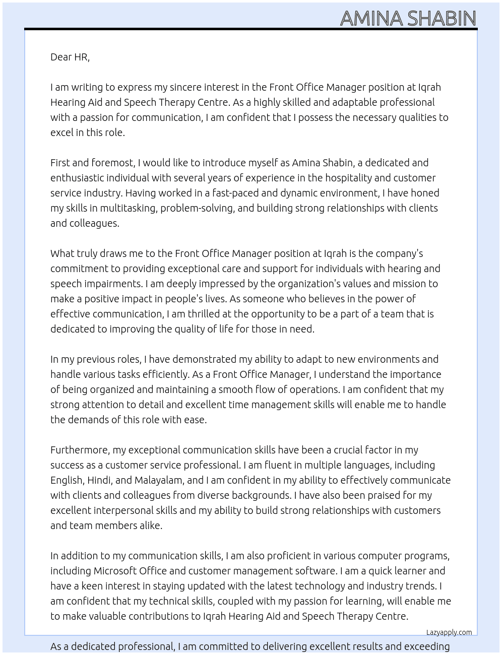 Front office manager At Iqrah hearing aid and speech therapy centre  Cover Letter
