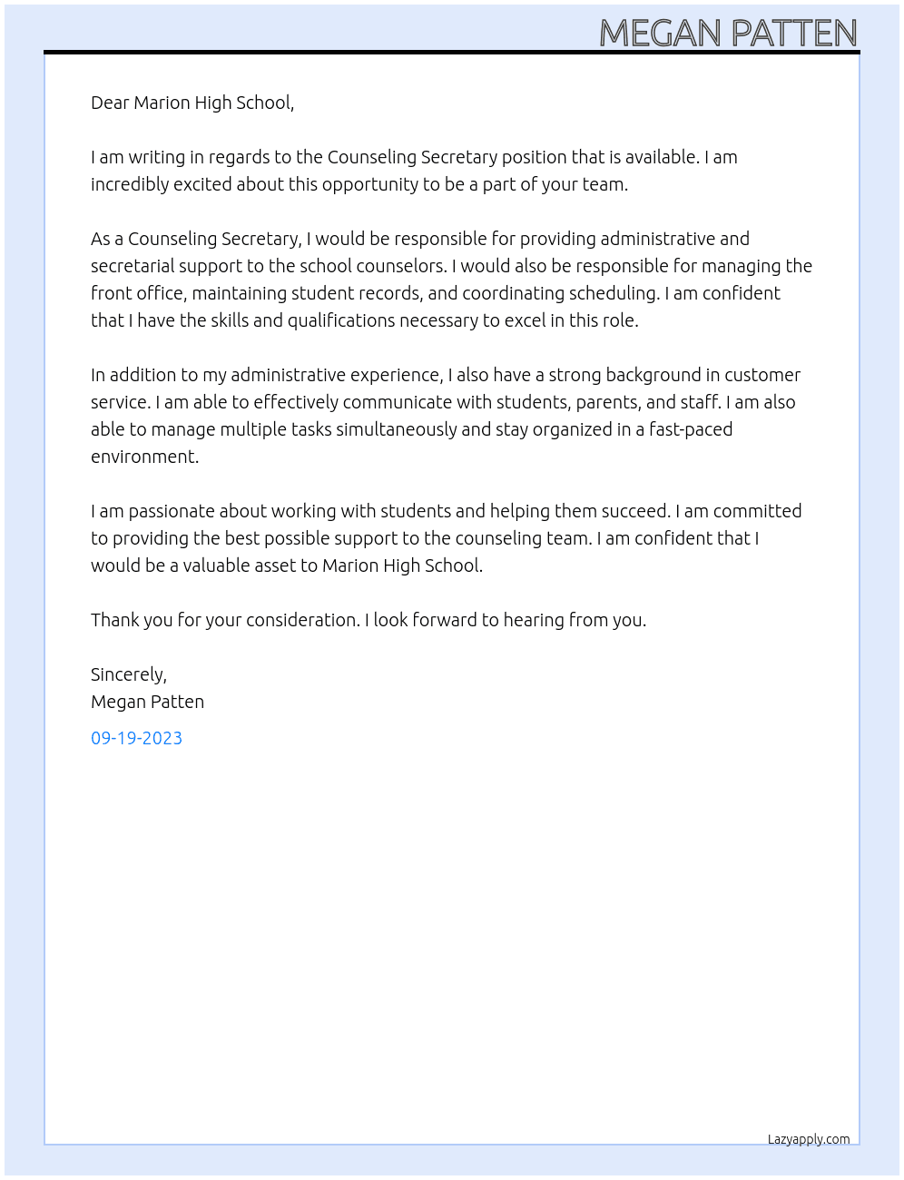 Counseling Secretary At Marion High School Cover Letter