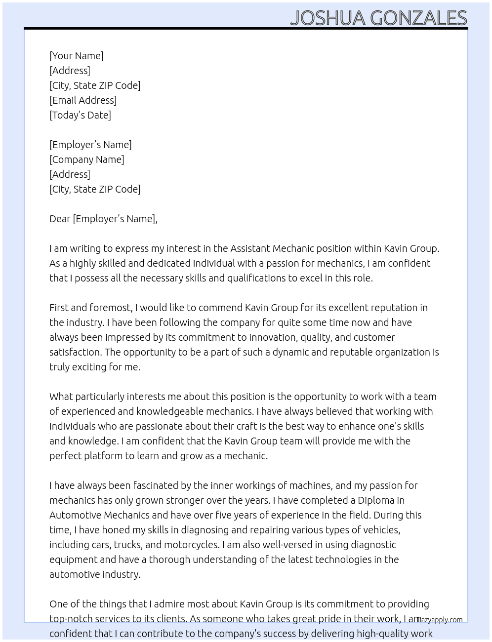Assistant Mechanic  At Kavin Group Cover Letter