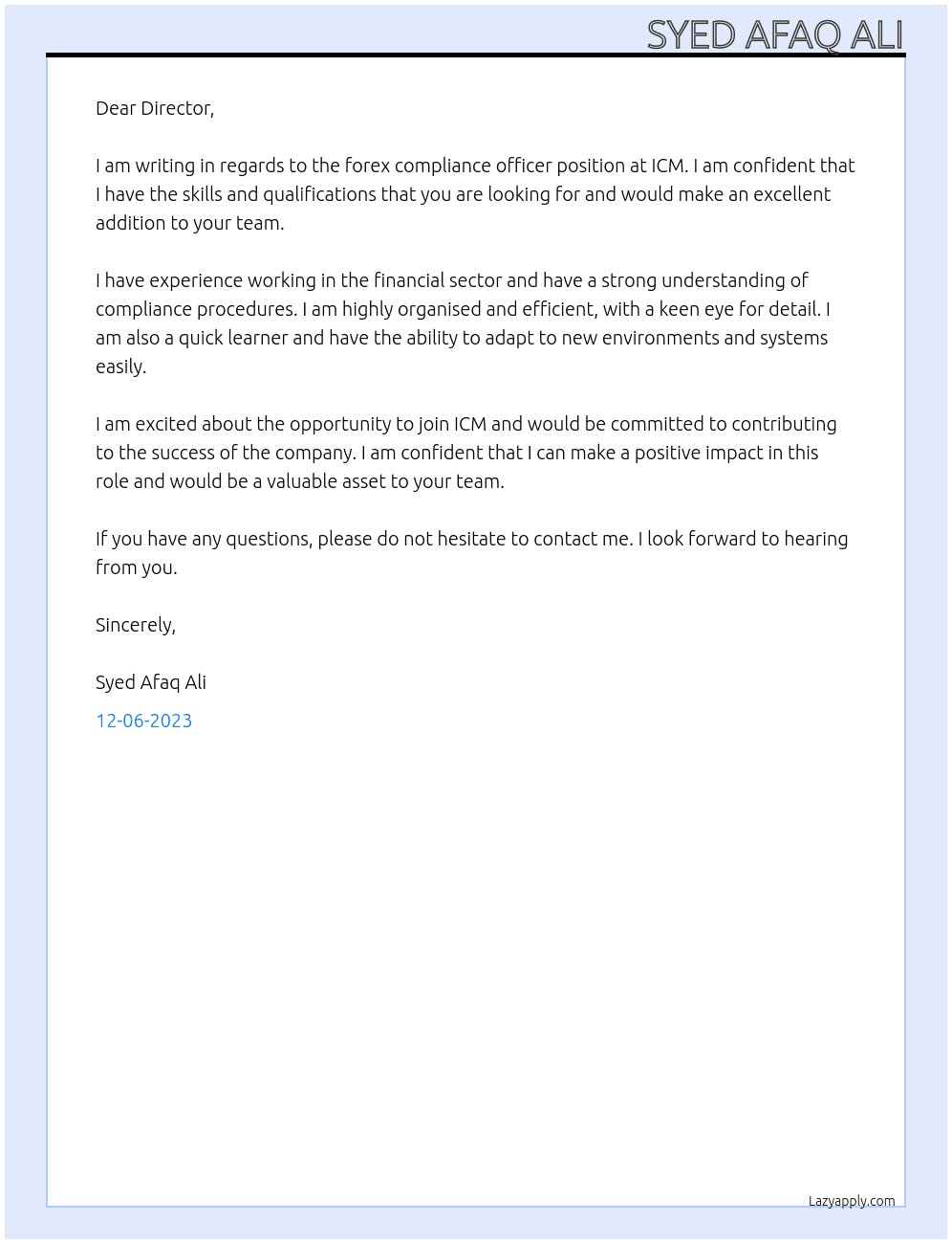 Forex compliance officer  At ICM Cover Letter