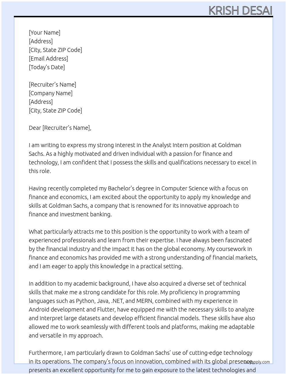 Analyst Intern At Goldman Sachs Cover Letter