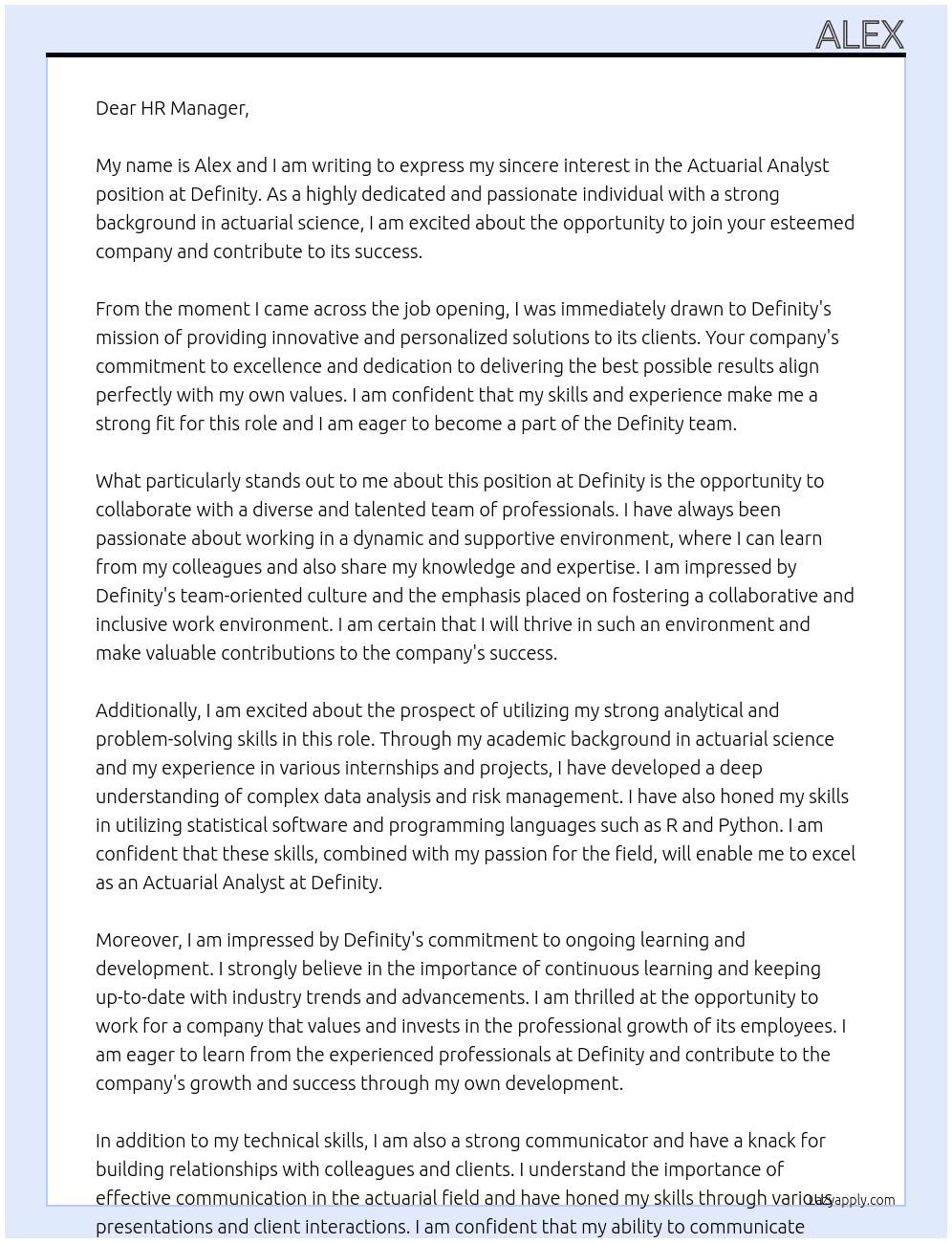 actuarial analyst At Definity Cover Letter
