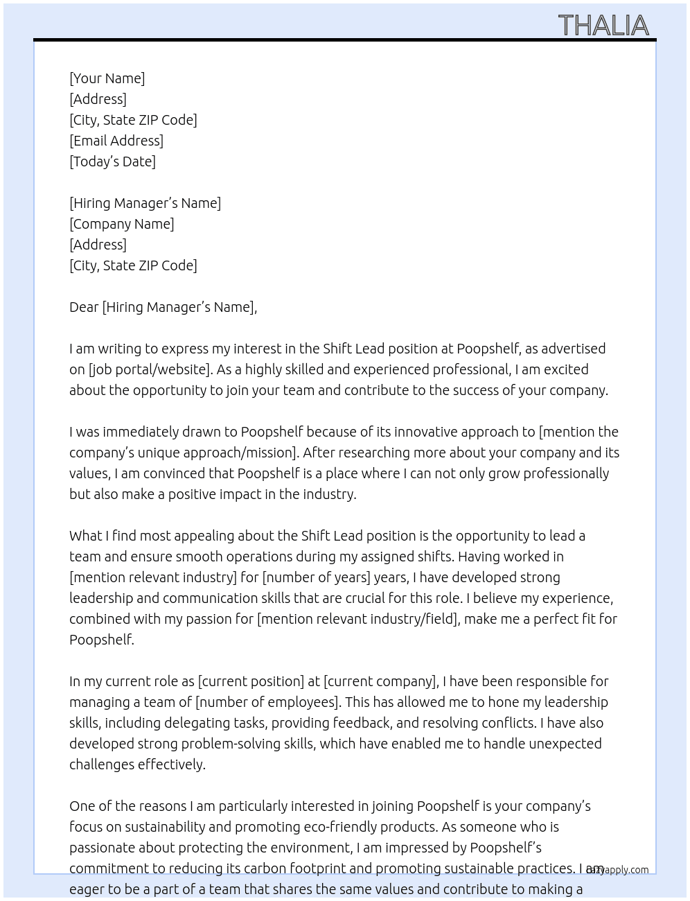 shift lead At poopshelf Cover Letter