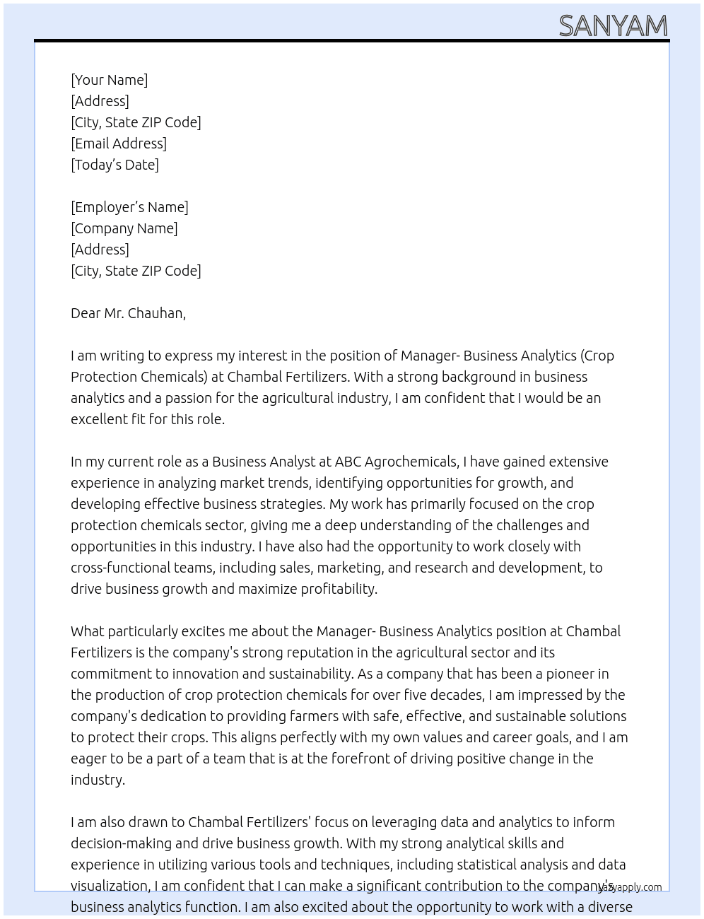 Manager- Businees Analytics (Crop Protection Chemicals) At Chambal Fertilizers Cover Letter