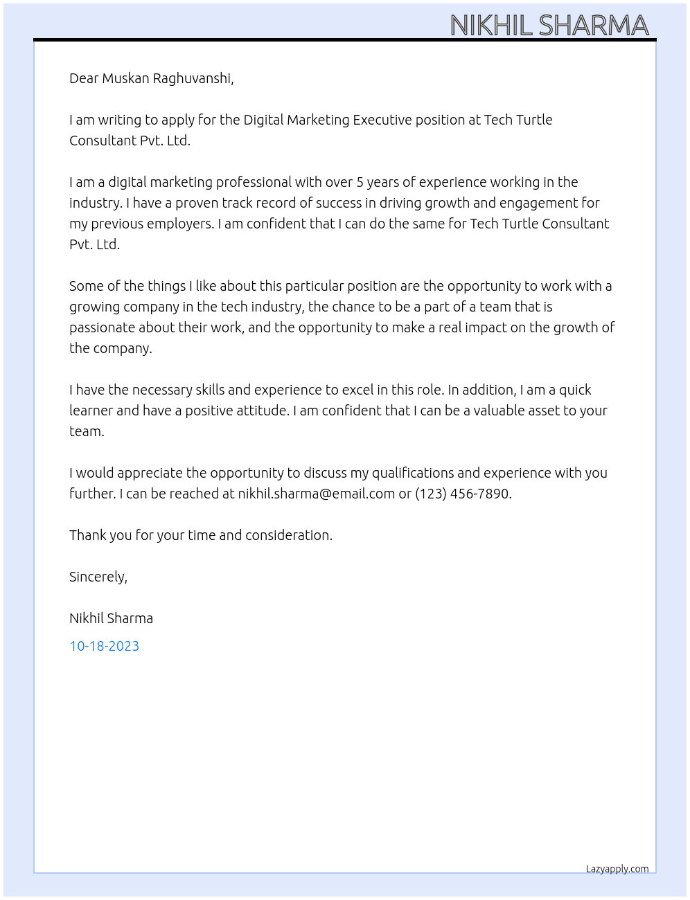 Digital Marketing Executive  At Tech Turtle Consultant Pvt. Ltd. Cover Letter