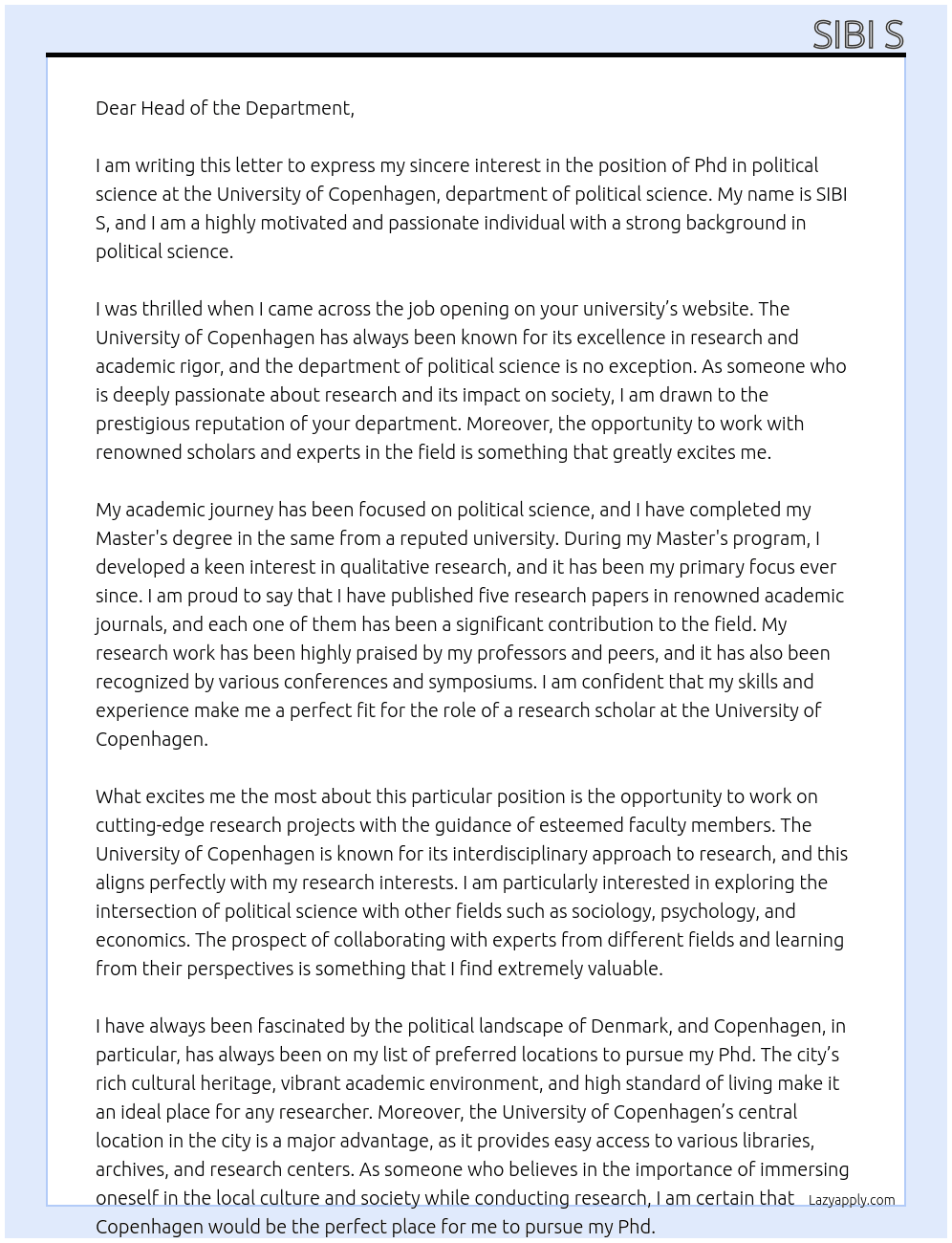 Phd in political science  At University of Copenhagen, department of political science Cover Letter